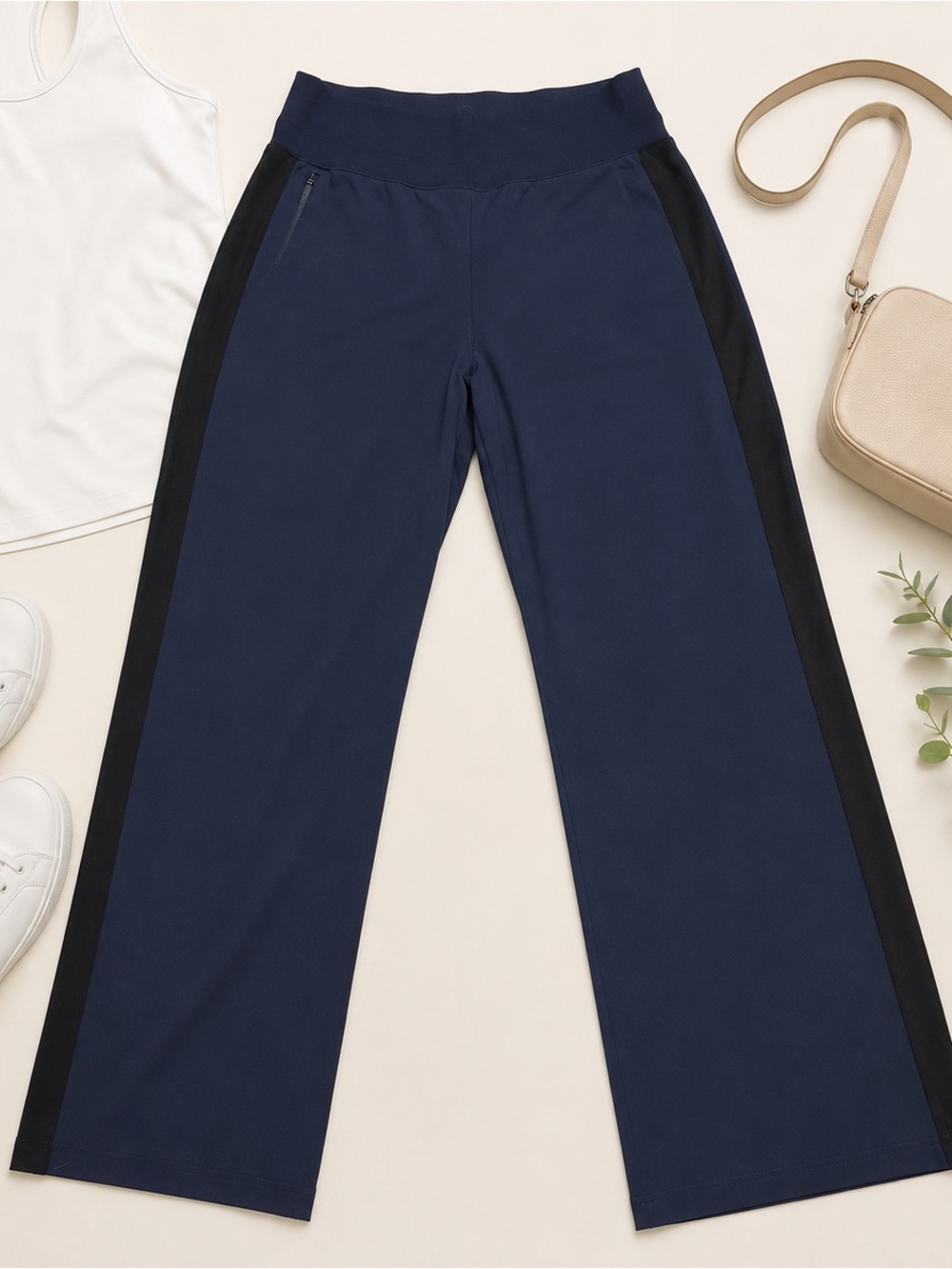 Athleta Navy Black Side Stripe Pull On Pants Women’s XL Straight Leg Zip Pockets